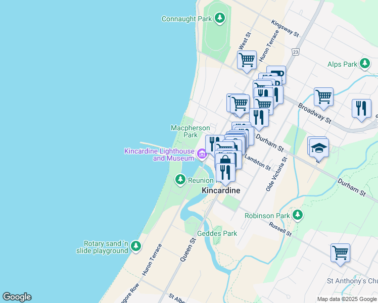 map of restaurants, bars, coffee shops, grocery stores, and more near 200 Harbour Street in Kincardine