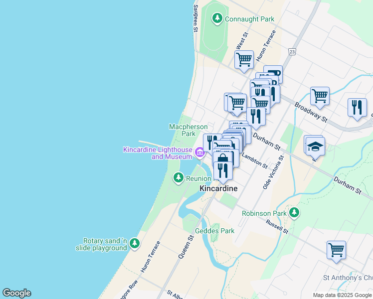 map of restaurants, bars, coffee shops, grocery stores, and more near 200 Harbour Street in Kincardine
