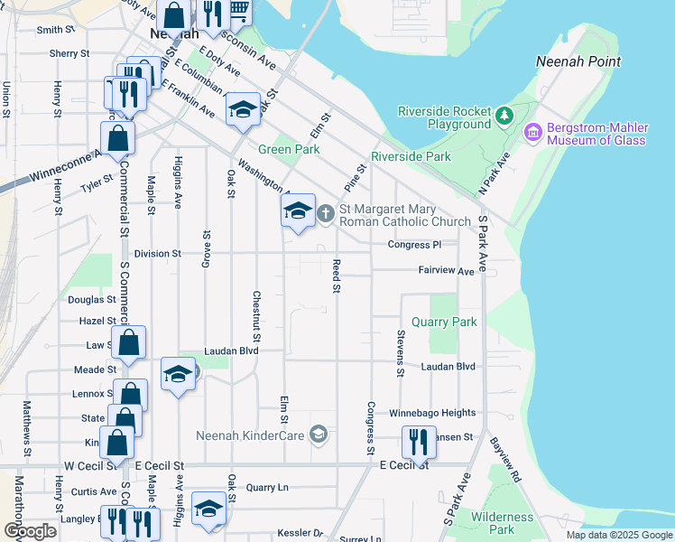 map of restaurants, bars, coffee shops, grocery stores, and more near 614 Reed Street in Neenah