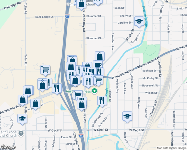 map of restaurants, bars, coffee shops, grocery stores, and more near 1065 S Lake St in Neenah