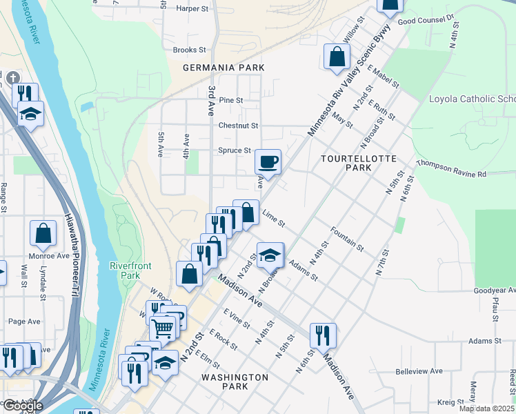 map of restaurants, bars, coffee shops, grocery stores, and more near 1201 North Riverfront Drive in Mankato