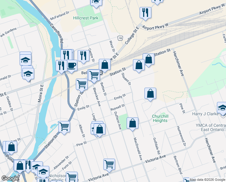map of restaurants, bars, coffee shops, grocery stores, and more near 18 Brassey Street in Belleville