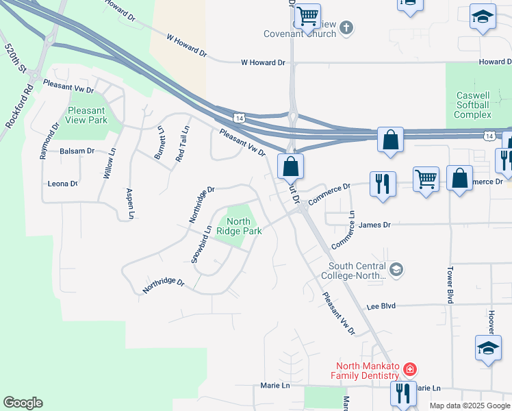 map of restaurants, bars, coffee shops, grocery stores, and more near 2470 Northridge Drive in North Mankato