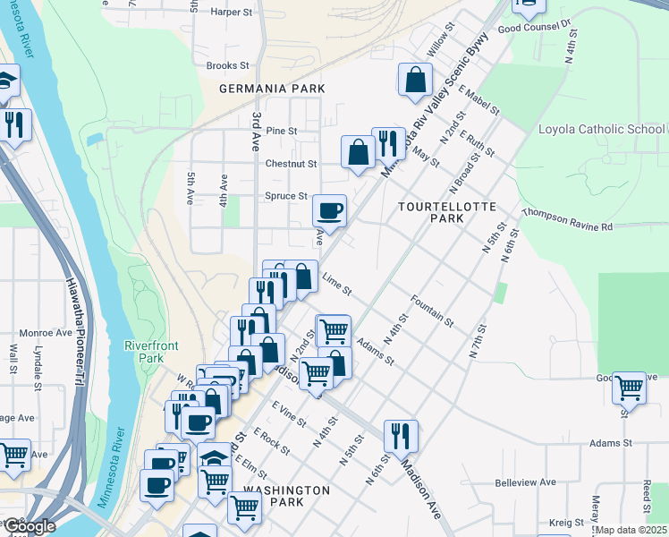 map of restaurants, bars, coffee shops, grocery stores, and more near 1201 North Riverfront Drive in Mankato