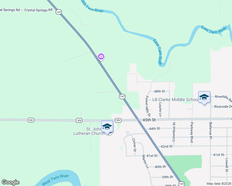 map of restaurants, bars, coffee shops, grocery stores, and more near 3311 Whistle Lane in Two Rivers
