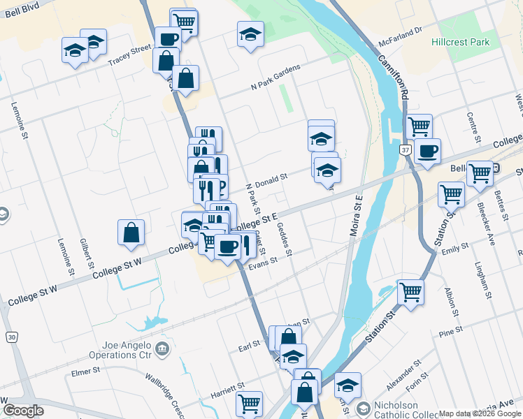 map of restaurants, bars, coffee shops, grocery stores, and more near 9 North Park Street in Belleville