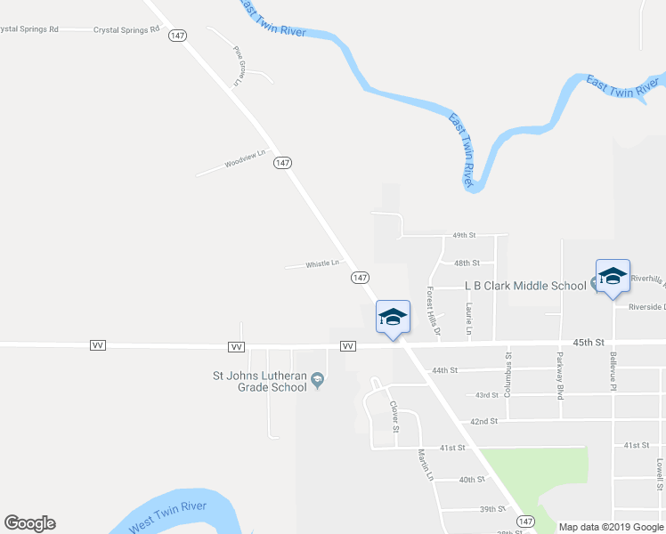 map of restaurants, bars, coffee shops, grocery stores, and more near 3311 Whistle Lane in Two Rivers