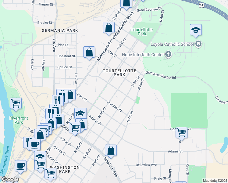 map of restaurants, bars, coffee shops, grocery stores, and more near 1346 North 4th Street in Mankato