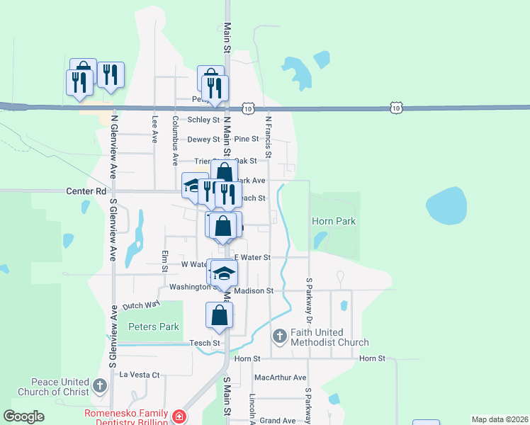 map of restaurants, bars, coffee shops, grocery stores, and more near 215 North Francis Street in Brillion