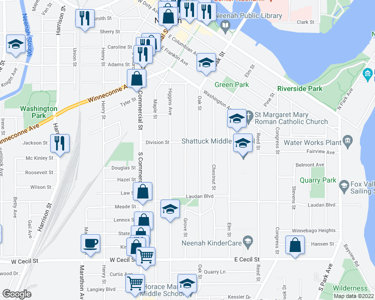 map of restaurants, bars, coffee shops, grocery stores, and more near 606 Grove Street in Neenah