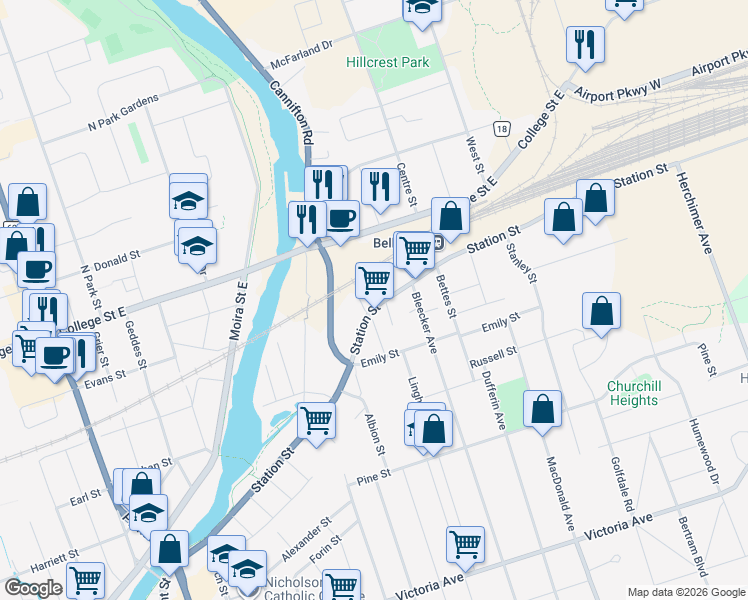 map of restaurants, bars, coffee shops, grocery stores, and more near 206 Station Street in Belleville