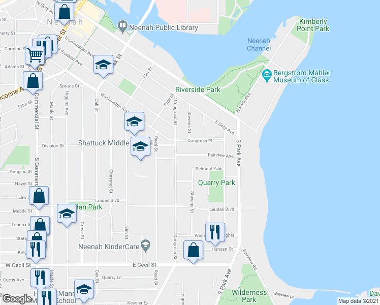 map of restaurants, bars, coffee shops, grocery stores, and more near 558 Fairview Avenue in Neenah