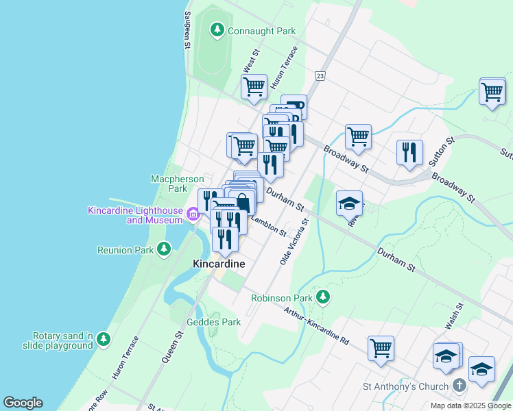 map of restaurants, bars, coffee shops, grocery stores, and more near 841 Queen Street in Kincardine