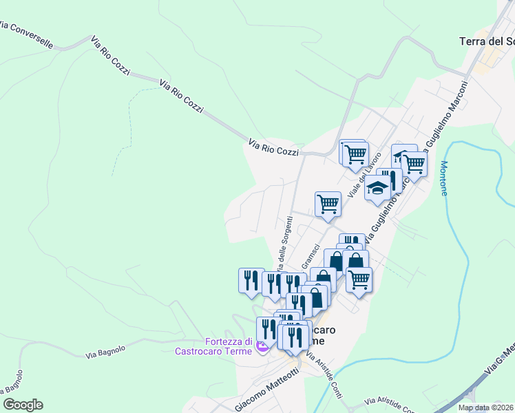 map of restaurants, bars, coffee shops, grocery stores, and more near 38 Via Don G. Minzoni in Terra del Sole