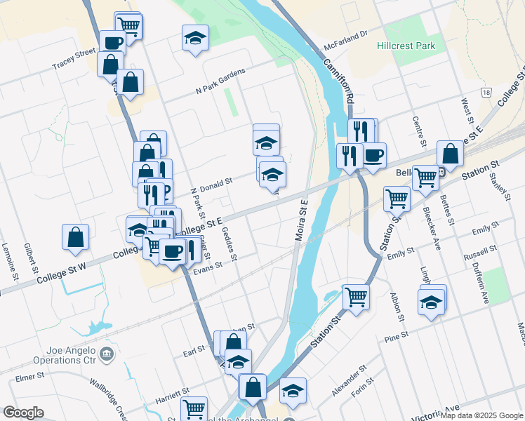 map of restaurants, bars, coffee shops, grocery stores, and more near 81 College Street East in Belleville