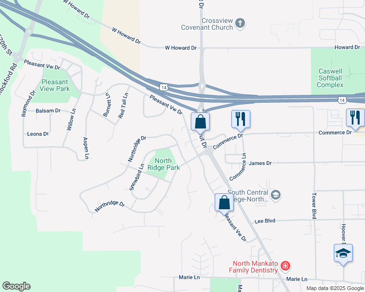 map of restaurants, bars, coffee shops, grocery stores, and more near 2470 Northridge Drive in North Mankato