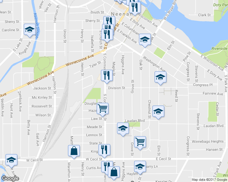 map of restaurants, bars, coffee shops, grocery stores, and more near 707 Maple Street in Neenah