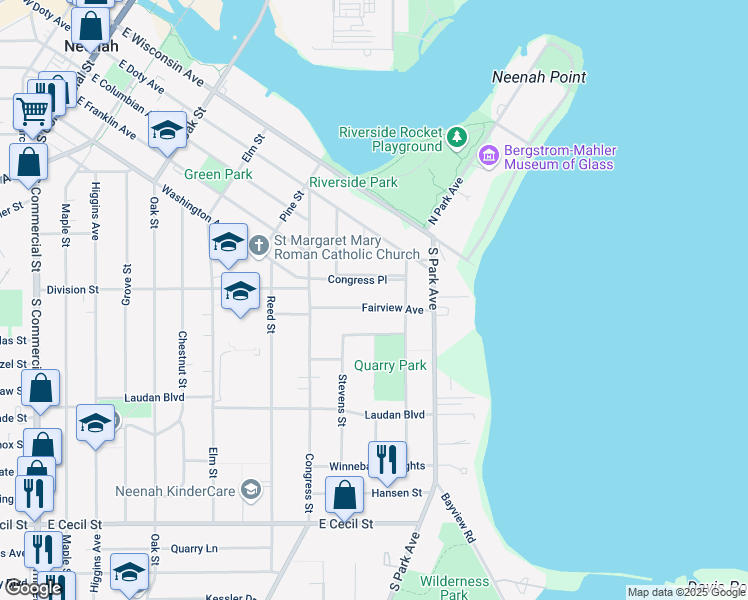 map of restaurants, bars, coffee shops, grocery stores, and more near 624 Fairview Avenue in Neenah