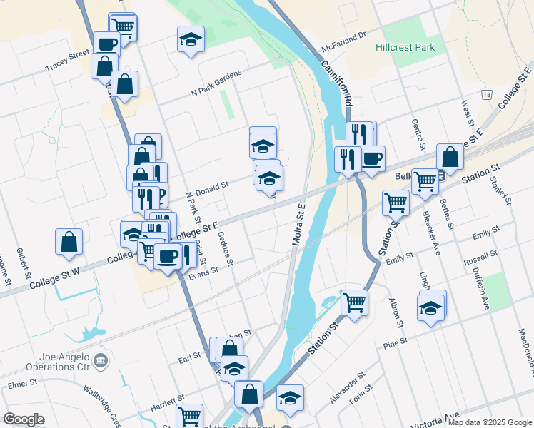 map of restaurants, bars, coffee shops, grocery stores, and more near 81 College Street East in Belleville