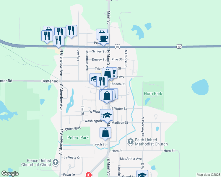 map of restaurants, bars, coffee shops, grocery stores, and more near 206 North Main Street in Brillion