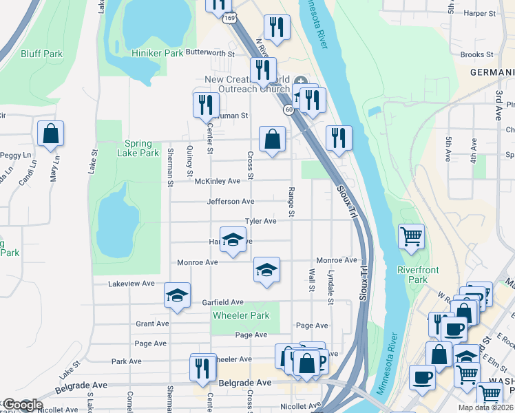 map of restaurants, bars, coffee shops, grocery stores, and more near 343 Jefferson Avenue in North Mankato