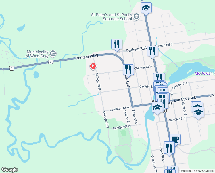 map of restaurants, bars, coffee shops, grocery stores, and more near 470 George Street West in Durham