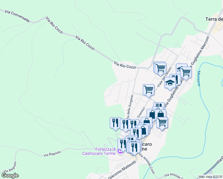 map of restaurants, bars, coffee shops, grocery stores, and more near 38 Via Don G. Minzoni in Terra del Sole