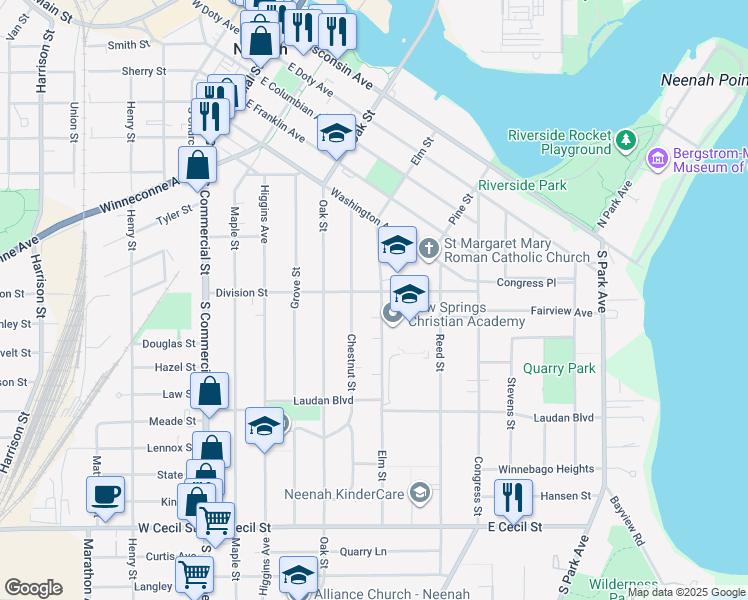 map of restaurants, bars, coffee shops, grocery stores, and more near 513 Division Street in Neenah
