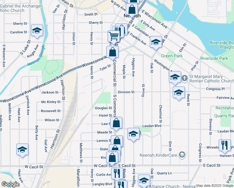 map of restaurants, bars, coffee shops, grocery stores, and more near 707 Maple Street in Neenah