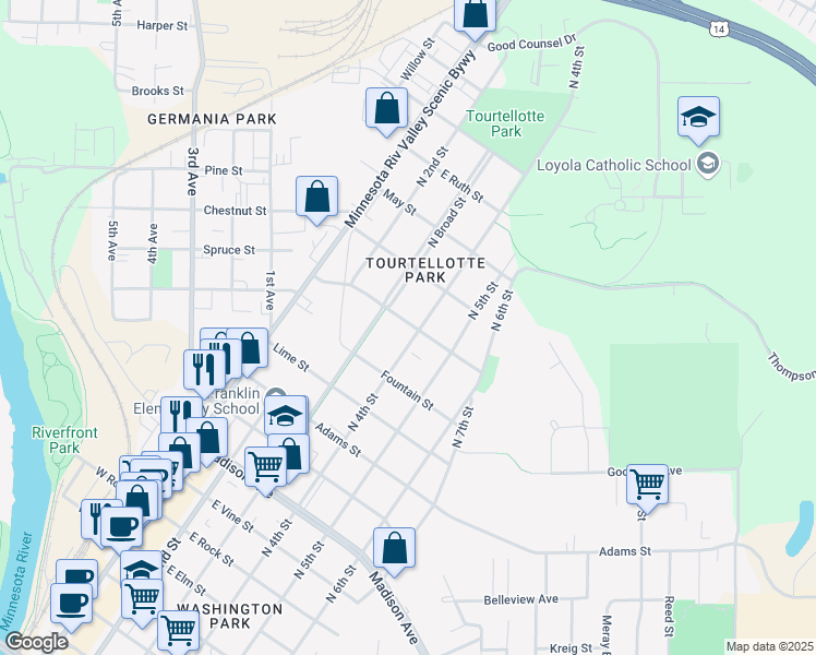 map of restaurants, bars, coffee shops, grocery stores, and more near 1346 North 4th Street in Mankato
