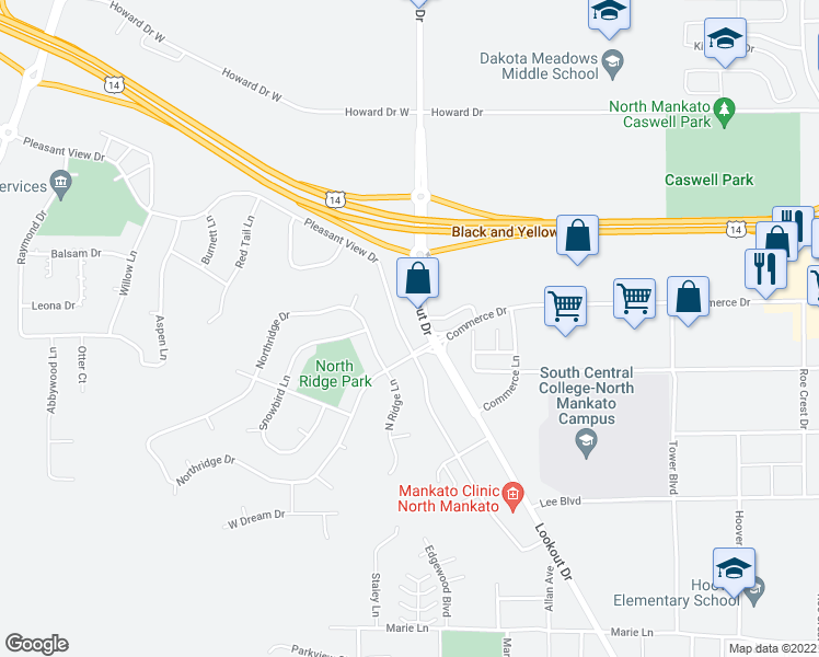 map of restaurants, bars, coffee shops, grocery stores, and more near 1708 Pleasant View Drive in North Mankato