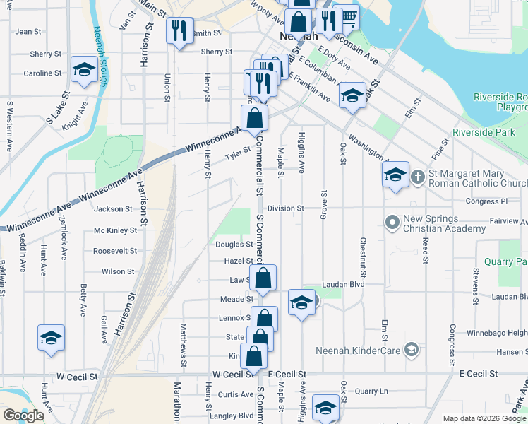 map of restaurants, bars, coffee shops, grocery stores, and more near 707 Maple Street in Neenah