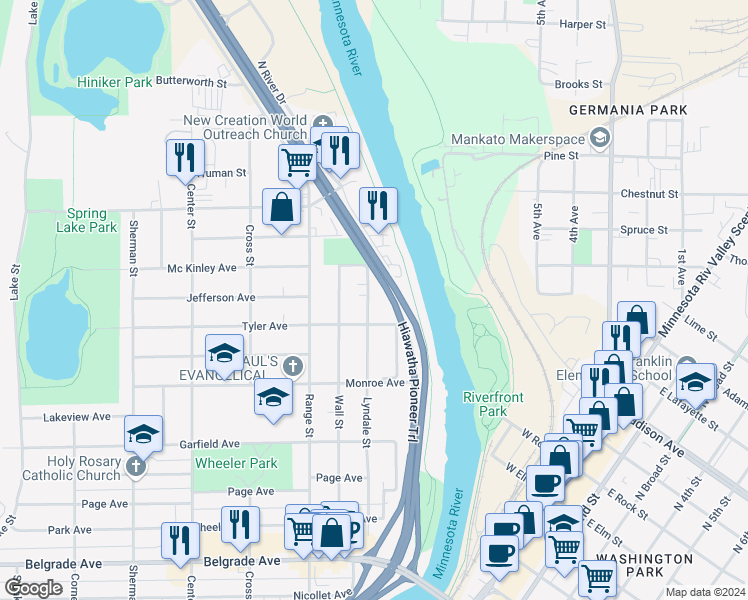 map of restaurants, bars, coffee shops, grocery stores, and more near 914 Lyndale Street in North Mankato