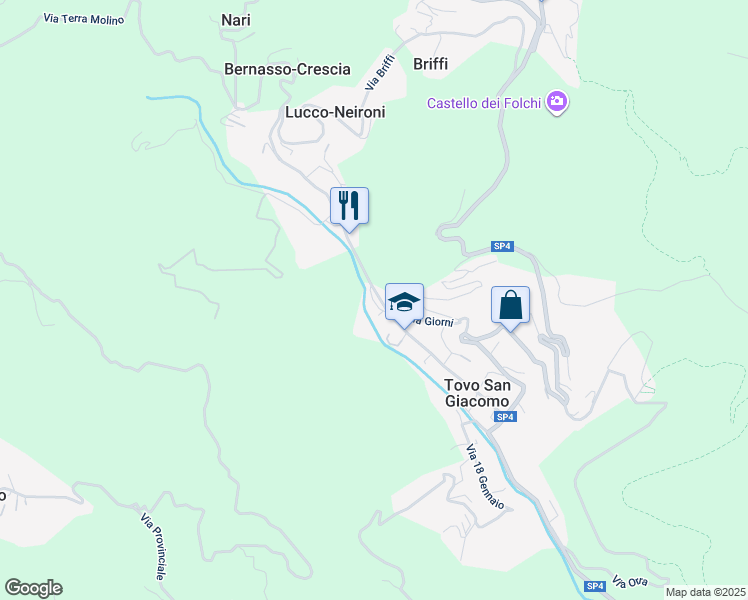 map of restaurants, bars, coffee shops, grocery stores, and more near 44 Via Giorni in Tovo San Giacomo