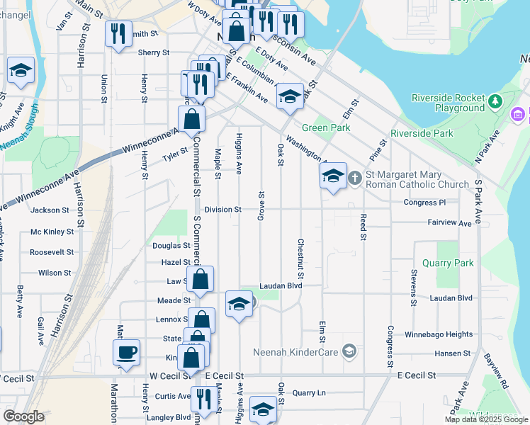 map of restaurants, bars, coffee shops, grocery stores, and more near 335 Division Street in Neenah