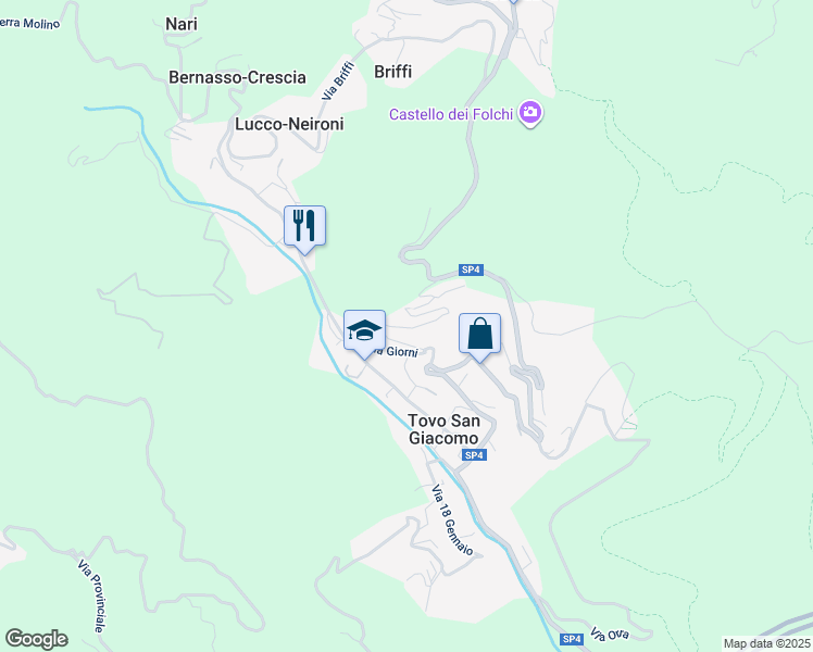 map of restaurants, bars, coffee shops, grocery stores, and more near 44 Via Giorni in Tovo San Giacomo