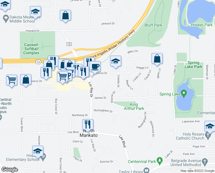 map of restaurants, bars, coffee shops, grocery stores, and more near 1728 Hodgson Road in North Mankato