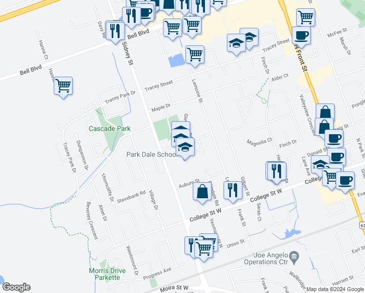 map of restaurants, bars, coffee shops, grocery stores, and more near 77 Poplar Street in Belleville