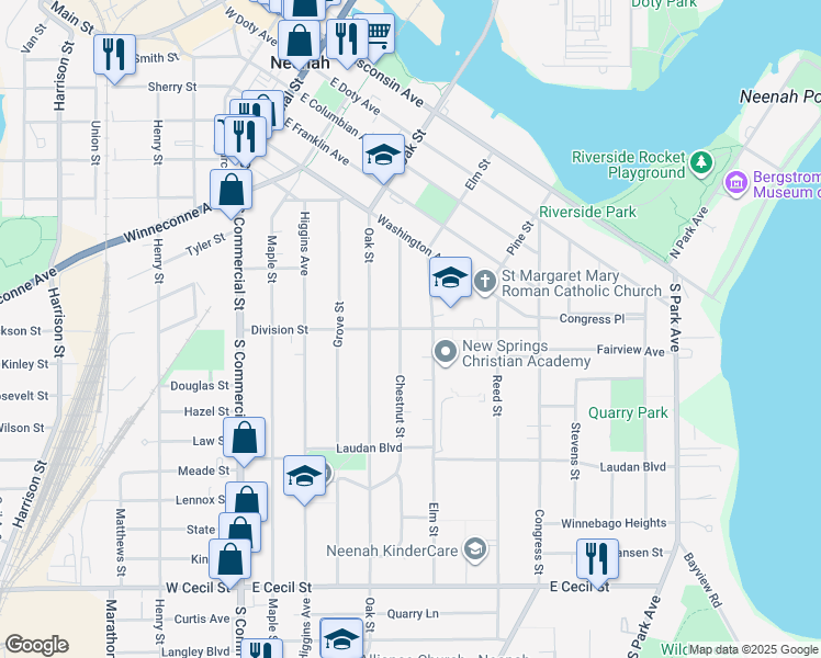 map of restaurants, bars, coffee shops, grocery stores, and more near 513 Division Street in Neenah