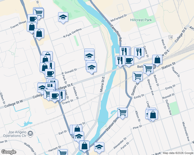 map of restaurants, bars, coffee shops, grocery stores, and more near 101 College Street East in Belleville