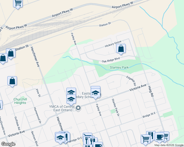 map of restaurants, bars, coffee shops, grocery stores, and more near 14 Forest Hill Crescent in Belleville