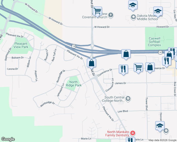 map of restaurants, bars, coffee shops, grocery stores, and more near 1716 Pleasant View Drive in North Mankato