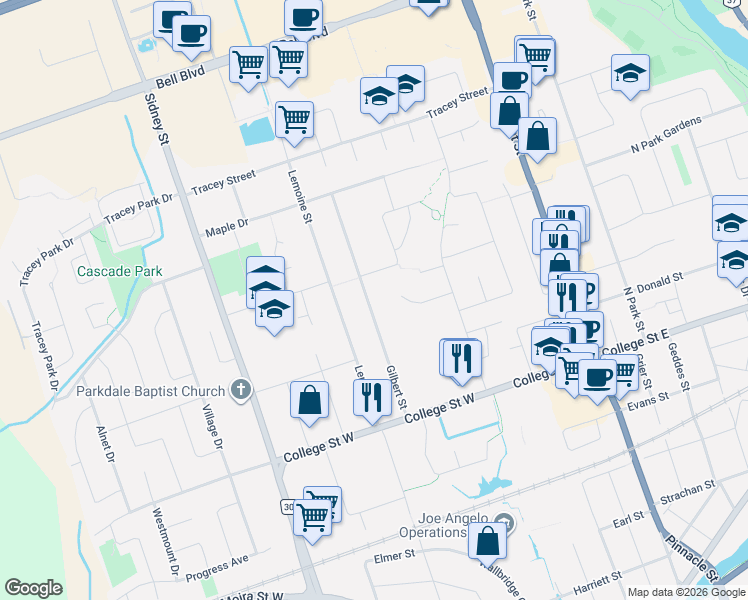 map of restaurants, bars, coffee shops, grocery stores, and more near 63 Gilbert Street in Belleville