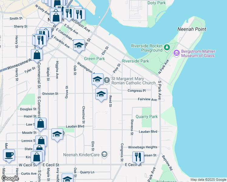 map of restaurants, bars, coffee shops, grocery stores, and more near 614 Reed Street in Neenah