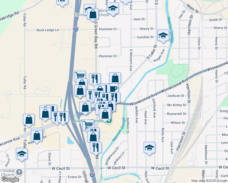map of restaurants, bars, coffee shops, grocery stores, and more near 1065 S Lake St in Neenah