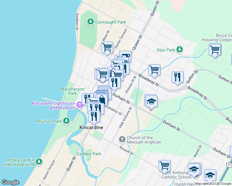 map of restaurants, bars, coffee shops, grocery stores, and more near 317 Durham Street in Kincardine