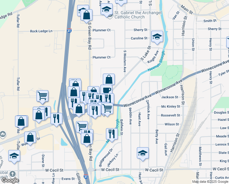 map of restaurants, bars, coffee shops, grocery stores, and more near 1001 South Lake Street in Neenah