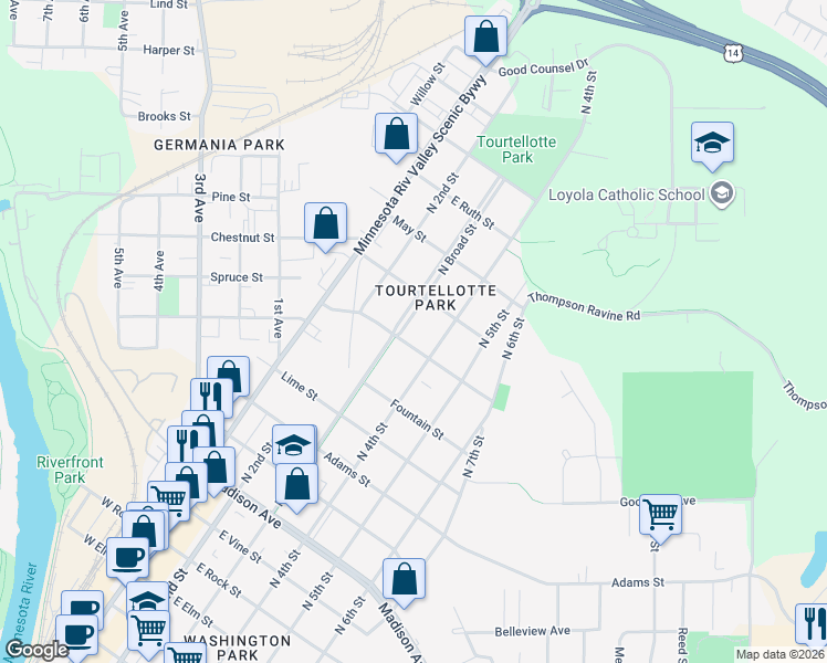 map of restaurants, bars, coffee shops, grocery stores, and more near in Mankato