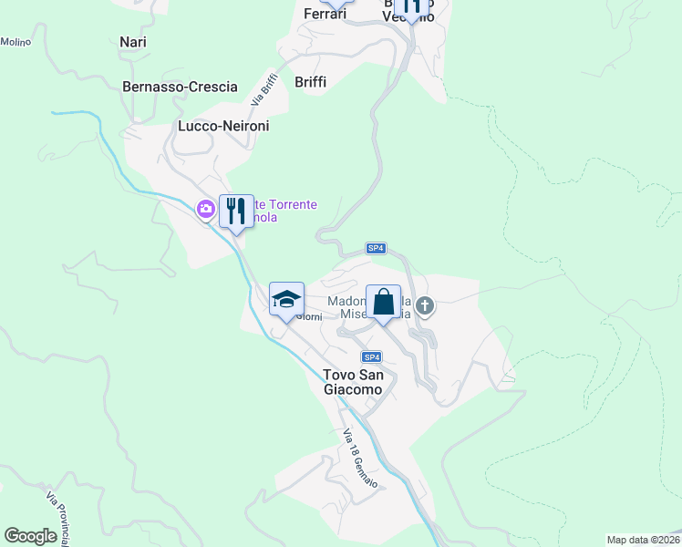 map of restaurants, bars, coffee shops, grocery stores, and more near 4 Via Giorni in Tovo San Giacomo