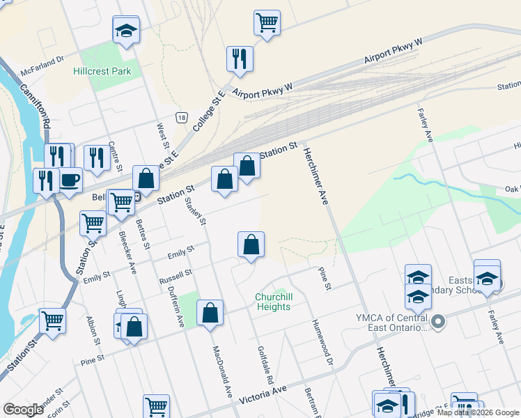 map of restaurants, bars, coffee shops, grocery stores, and more near 45 Dussek Street in Belleville